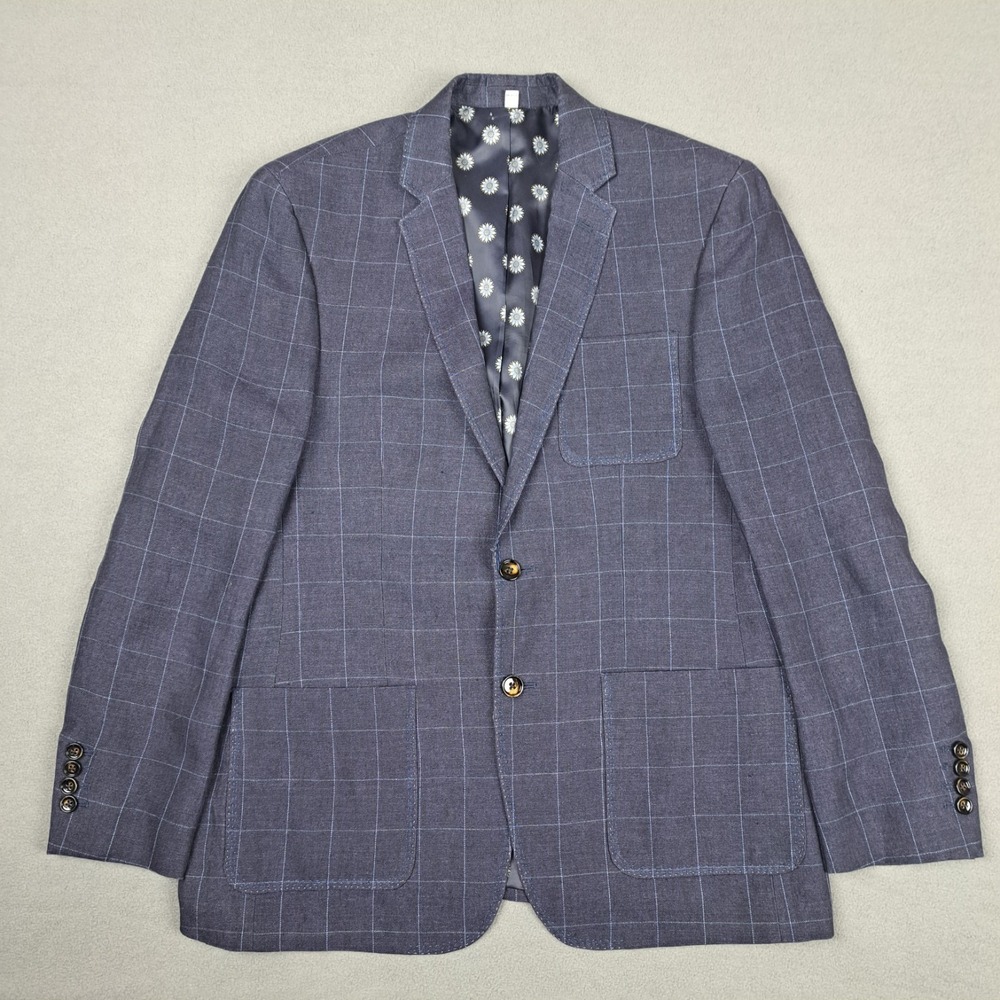 Baird McNutt Linen Blazer Men Large Navy‎ Windowpane Check Summer Preppy Formal